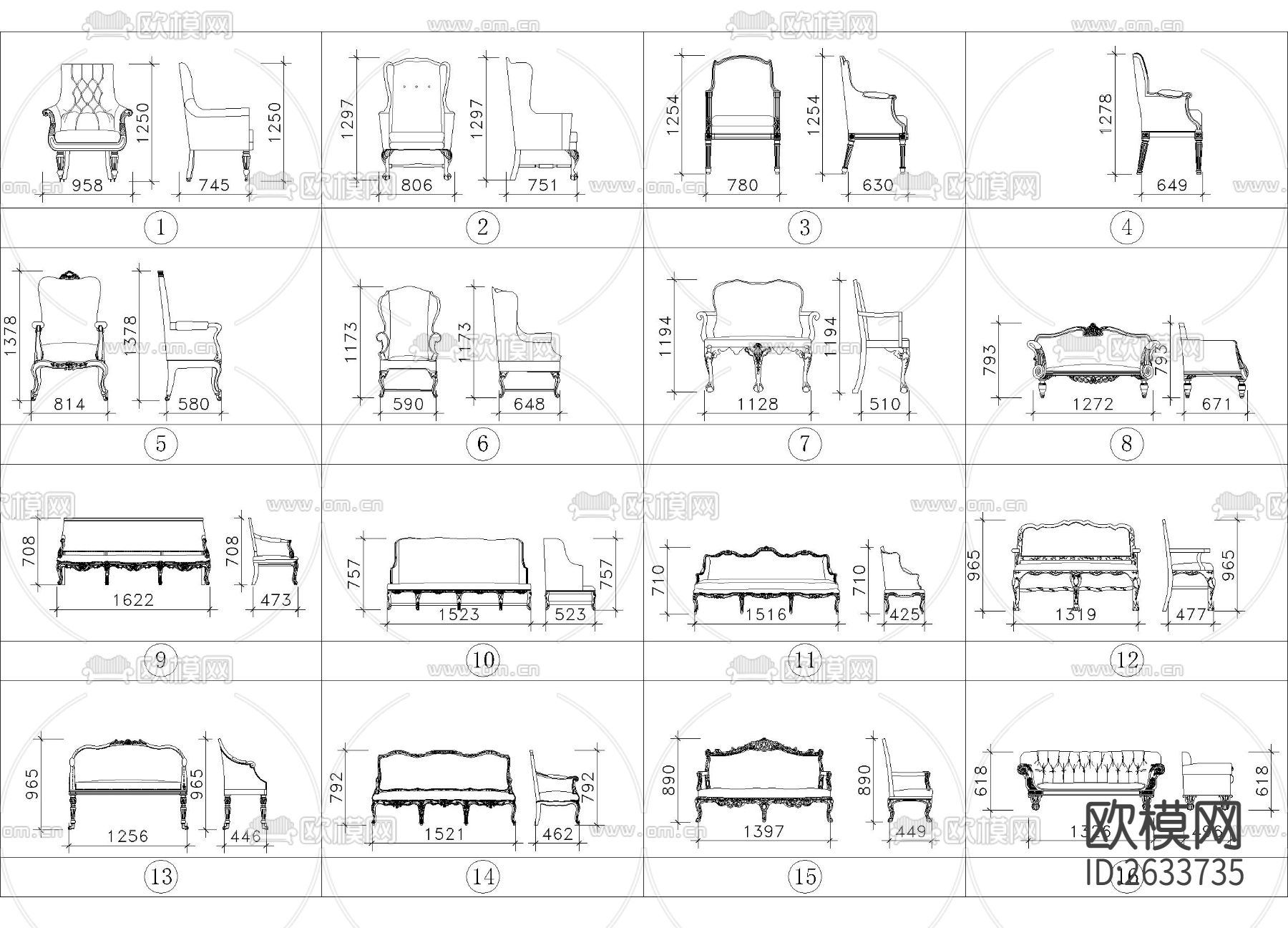 带尺寸法式风格座椅图集cad图库下载（渲染图6）