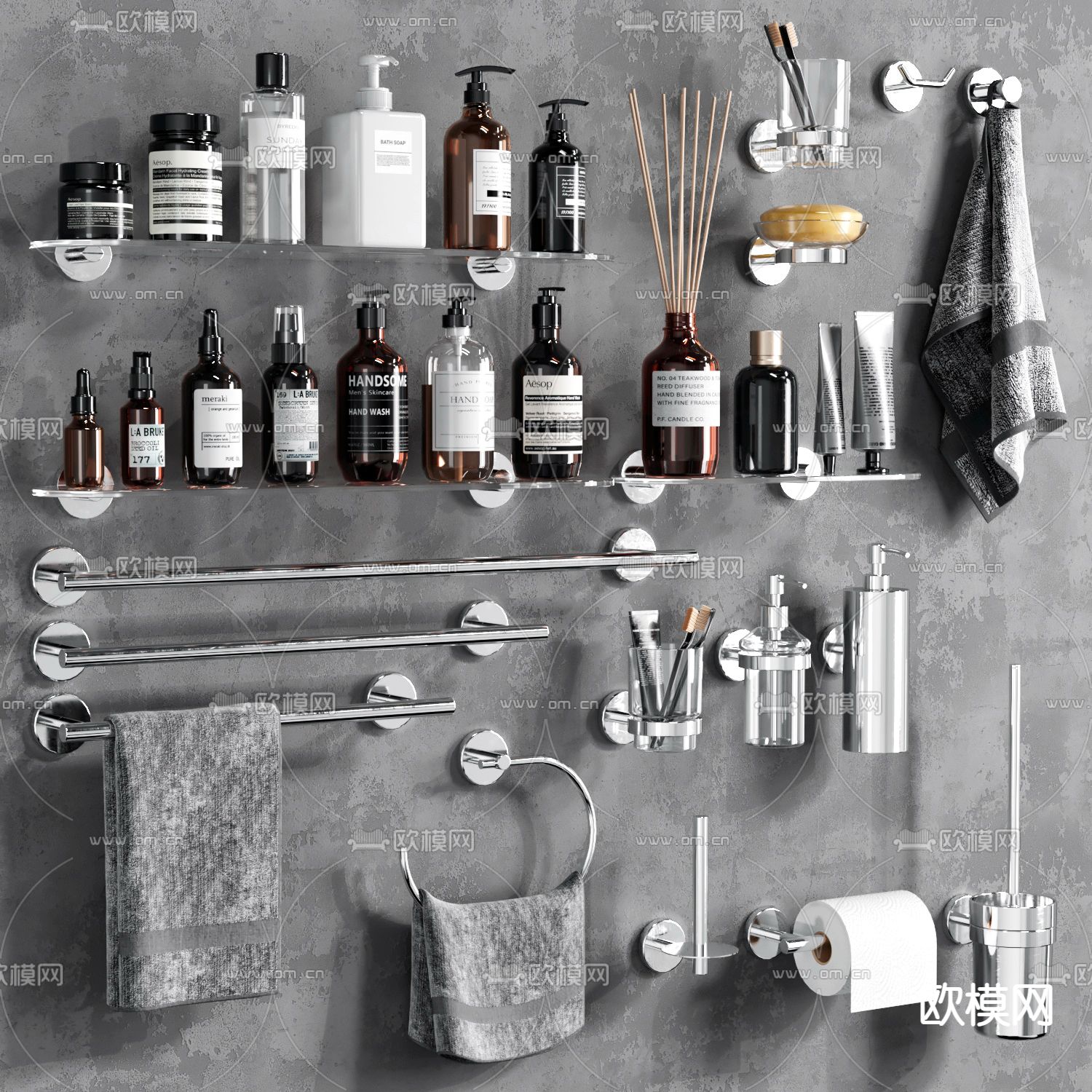 洗浴用品 毛巾 香薰 沐浴露 五金3d模型下载（渲染图1）