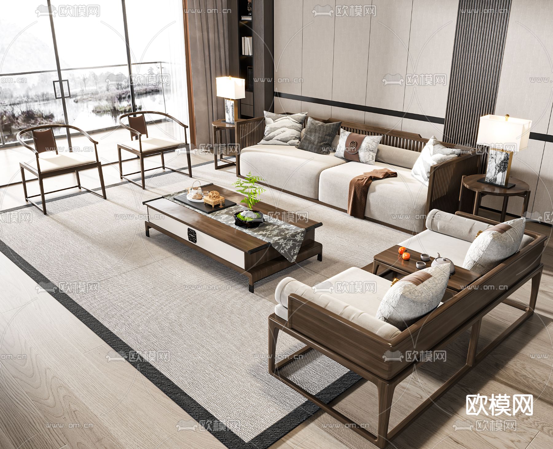 新中式沙发 组合沙发3d模型下载（渲染图1）