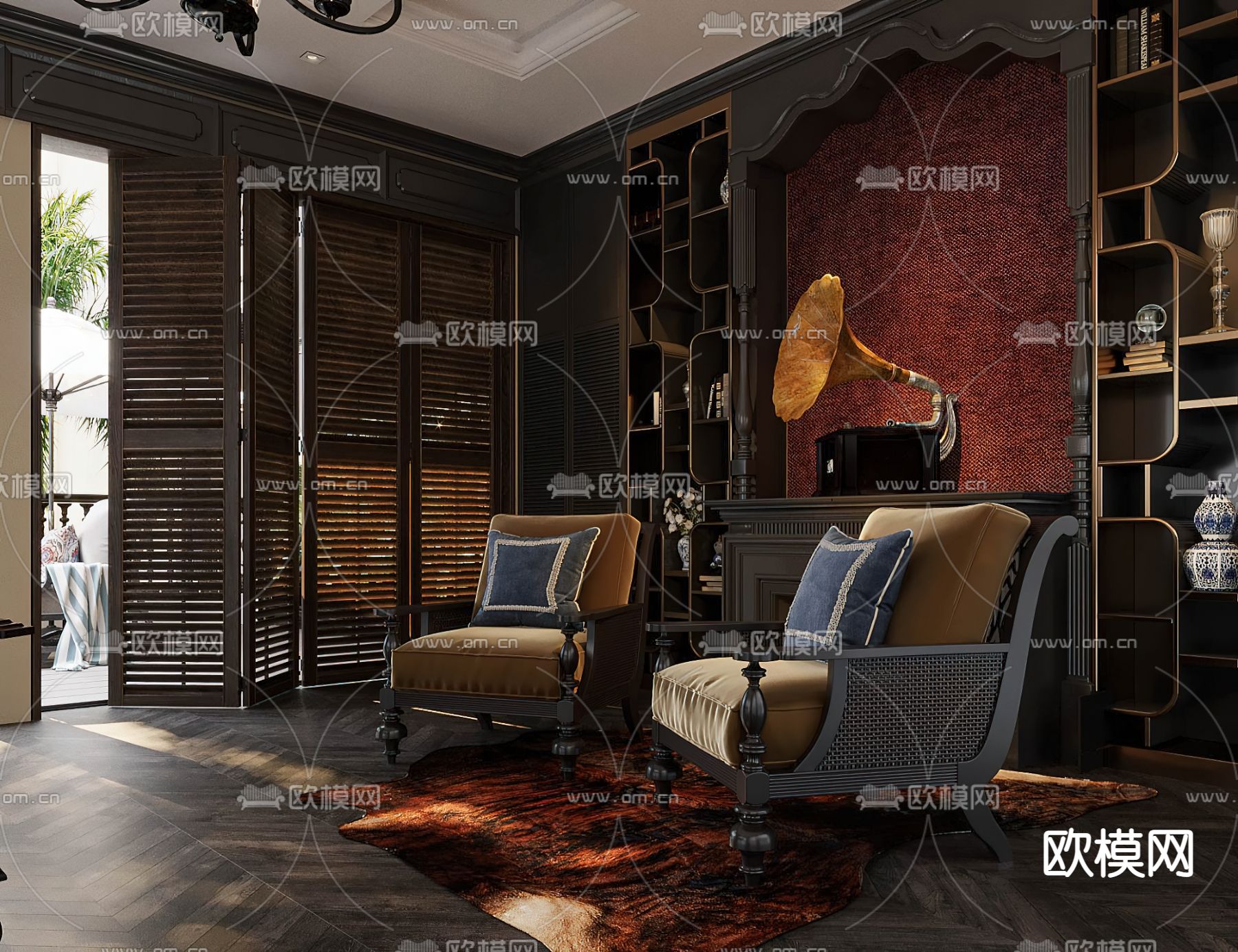 美式书房3d模型下载（渲染图1）