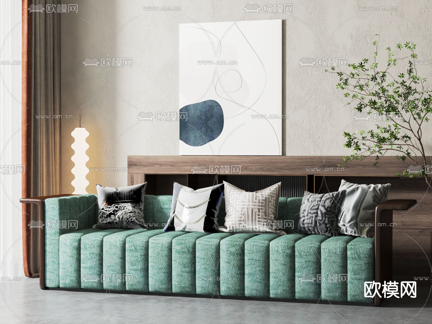 新中式多人沙发su模型下载（渲染图1）