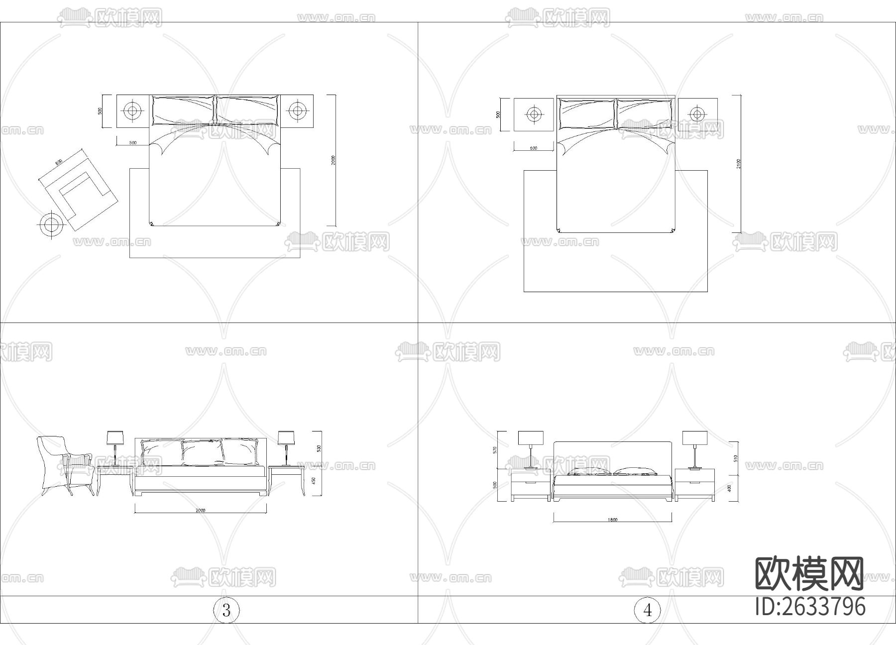 新中式床具合集cad图库下载（渲染图3）