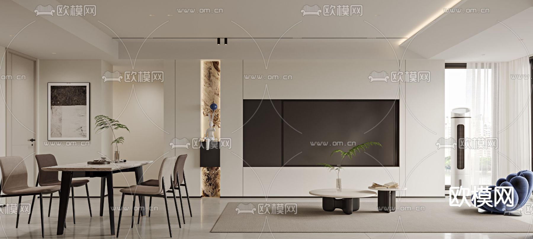 奶油风客餐厅3d模型下载（渲染图2）