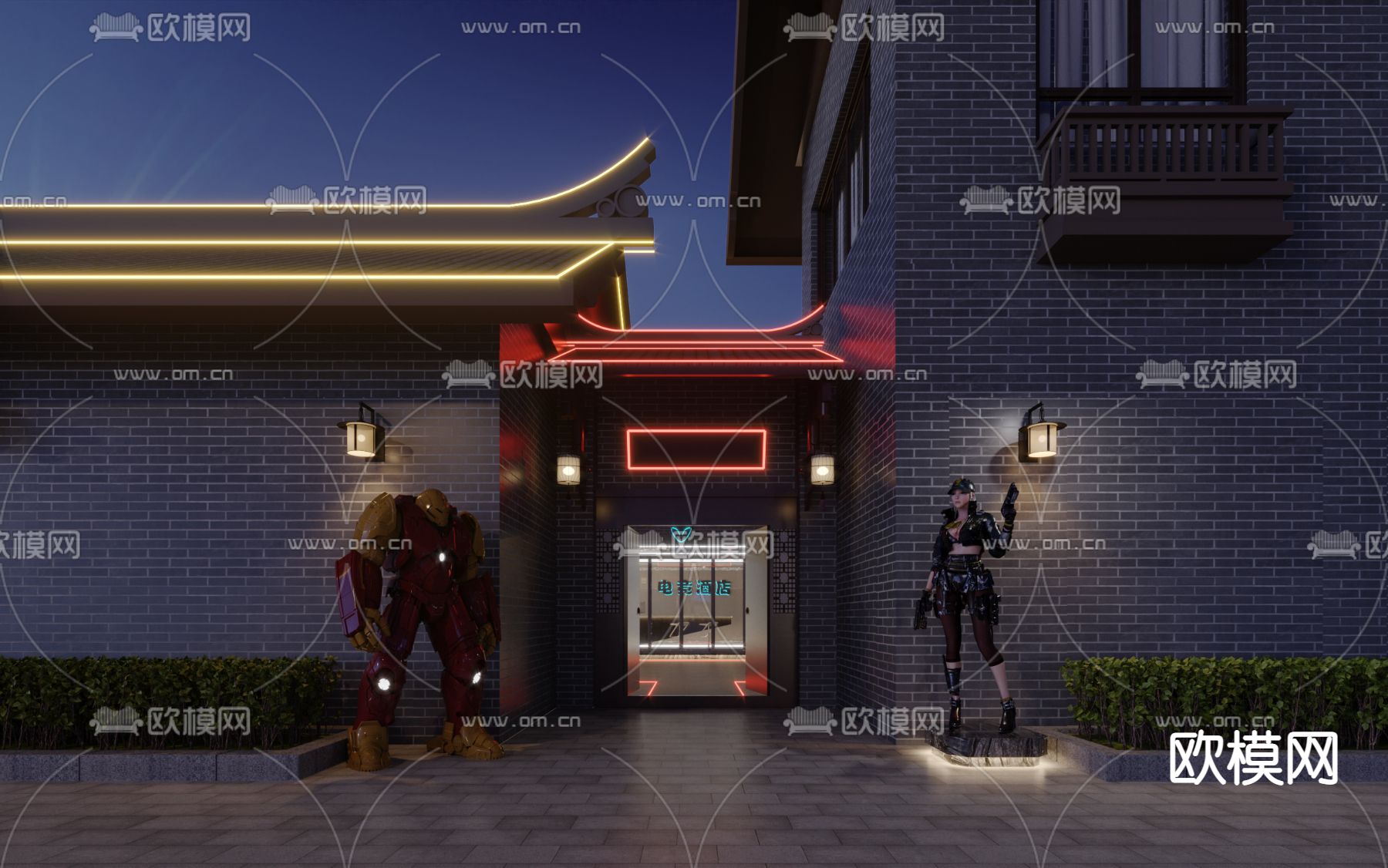 电竞酒店大门 门头门面3d模型下载（渲染图2）