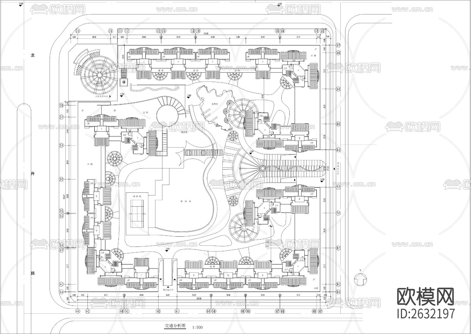 高层小区平面CAD施工图下载（渲染图2）