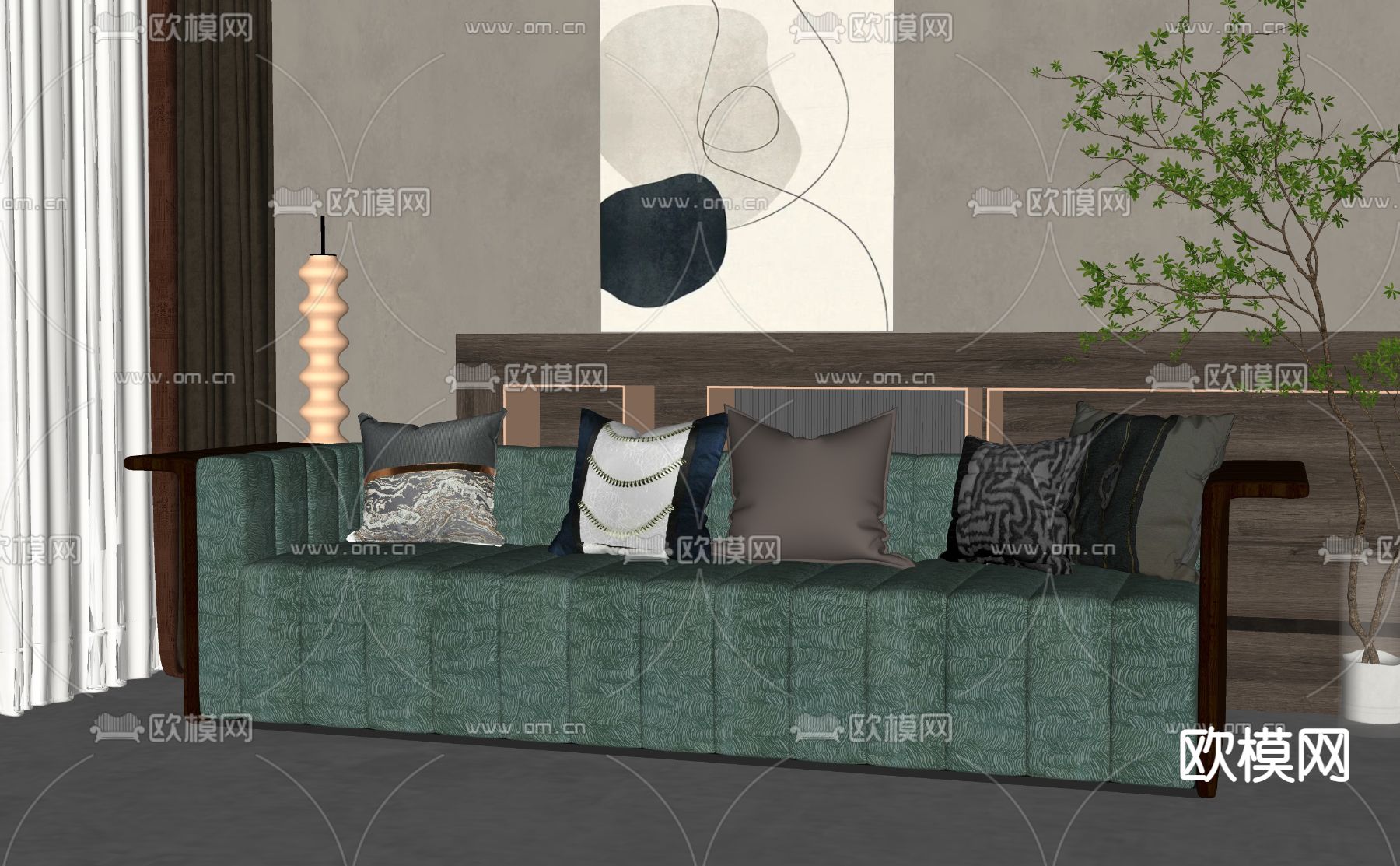新中式多人沙发su模型下载（渲染图2）