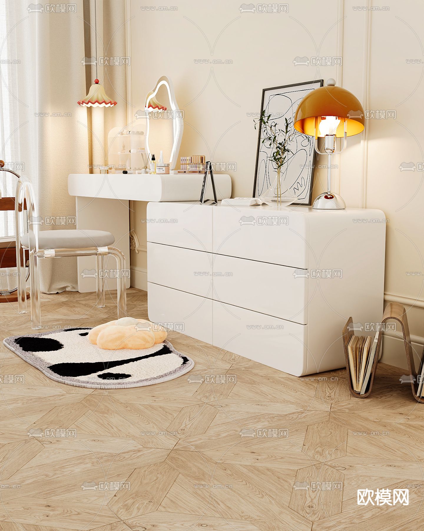一体式梳妆台 斗柜3d模型下载（渲染图3）