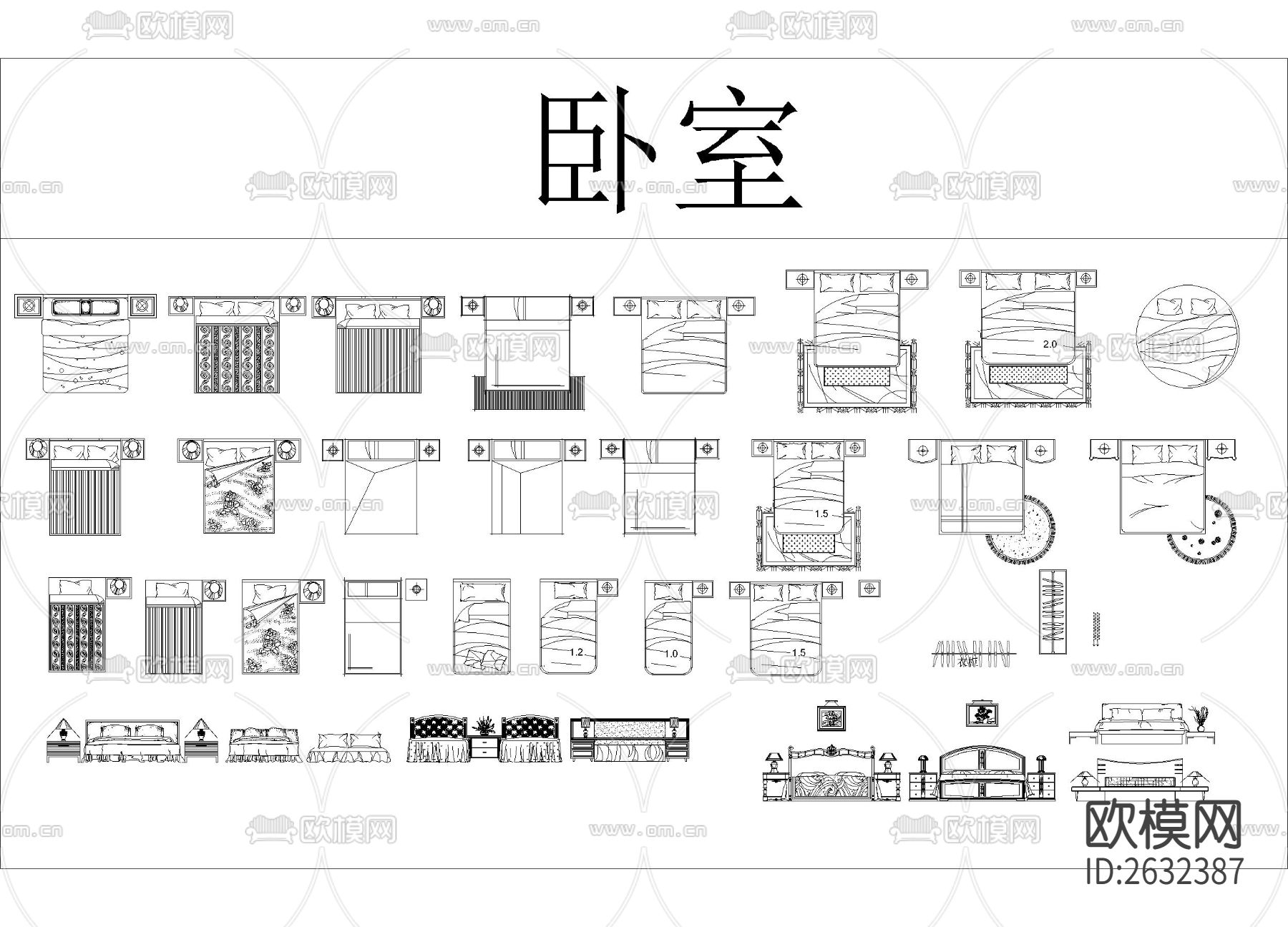 卧室 床铺cad图库下载