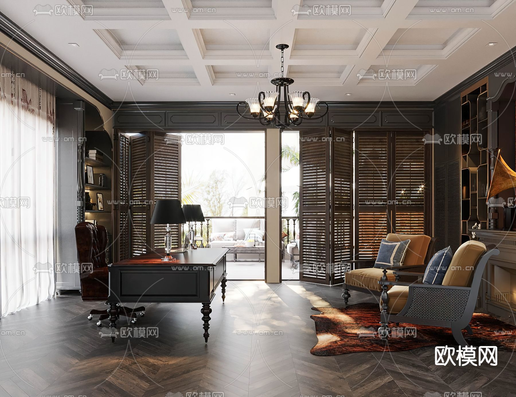 美式书房3d模型下载（渲染图2）