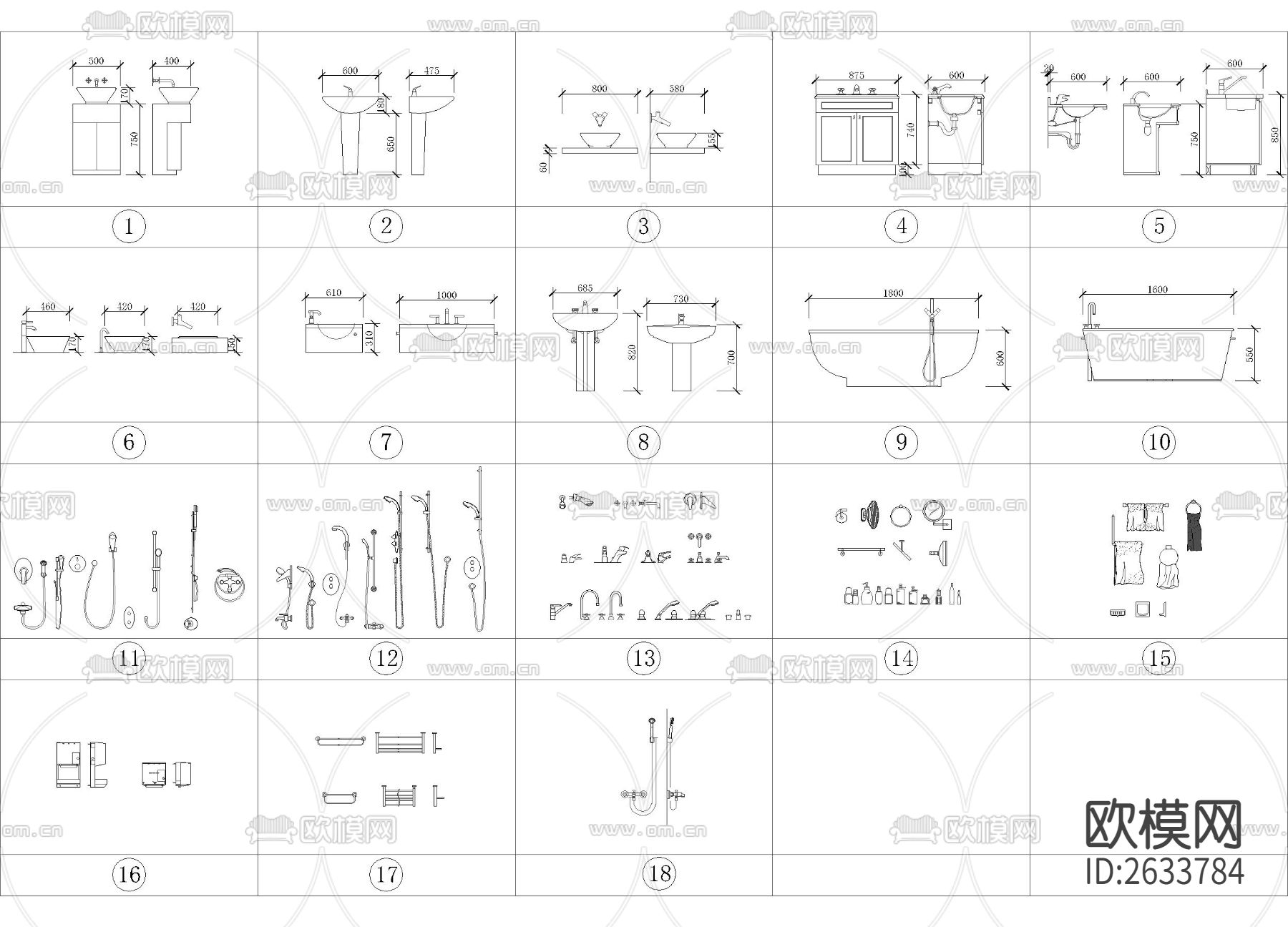 带尺寸的马桶水池花洒合集cad图库下载（渲染图2）