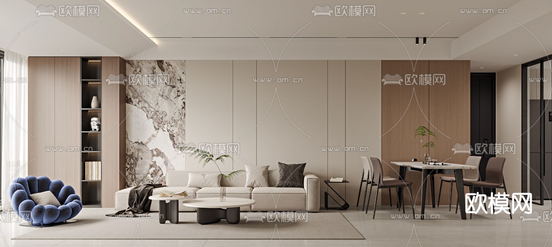 奶油风客餐厅3d模型下载（渲染图1）