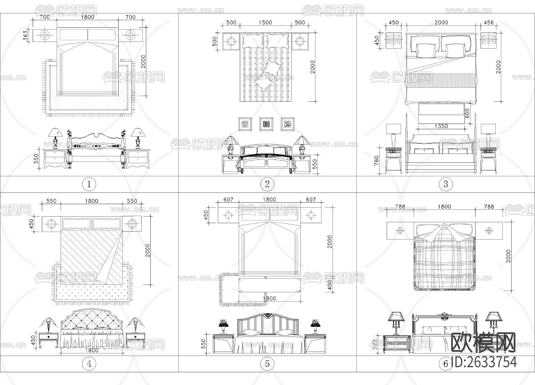 带尺寸美式古典床具合集cad图库下载（渲染图2）