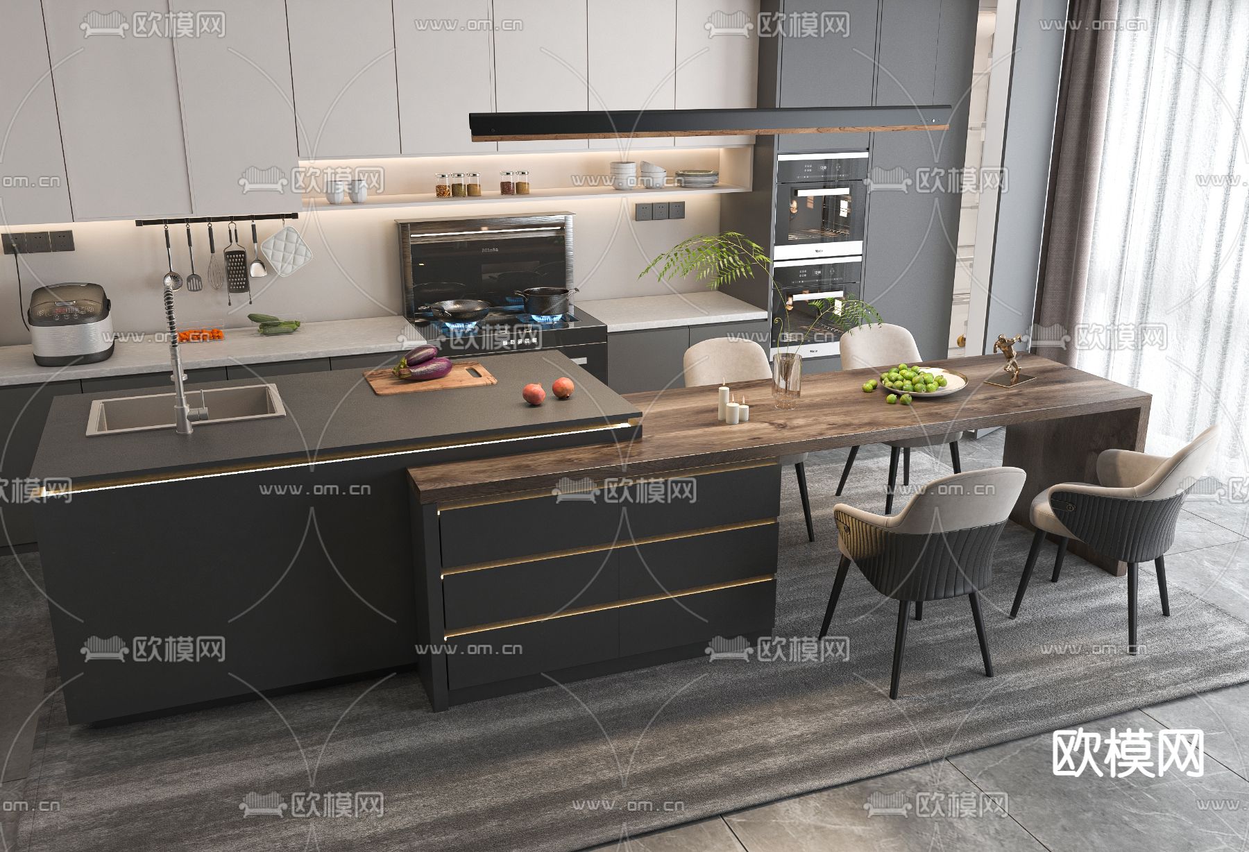 现代橱柜 中岛台su模型下载（渲染图1）