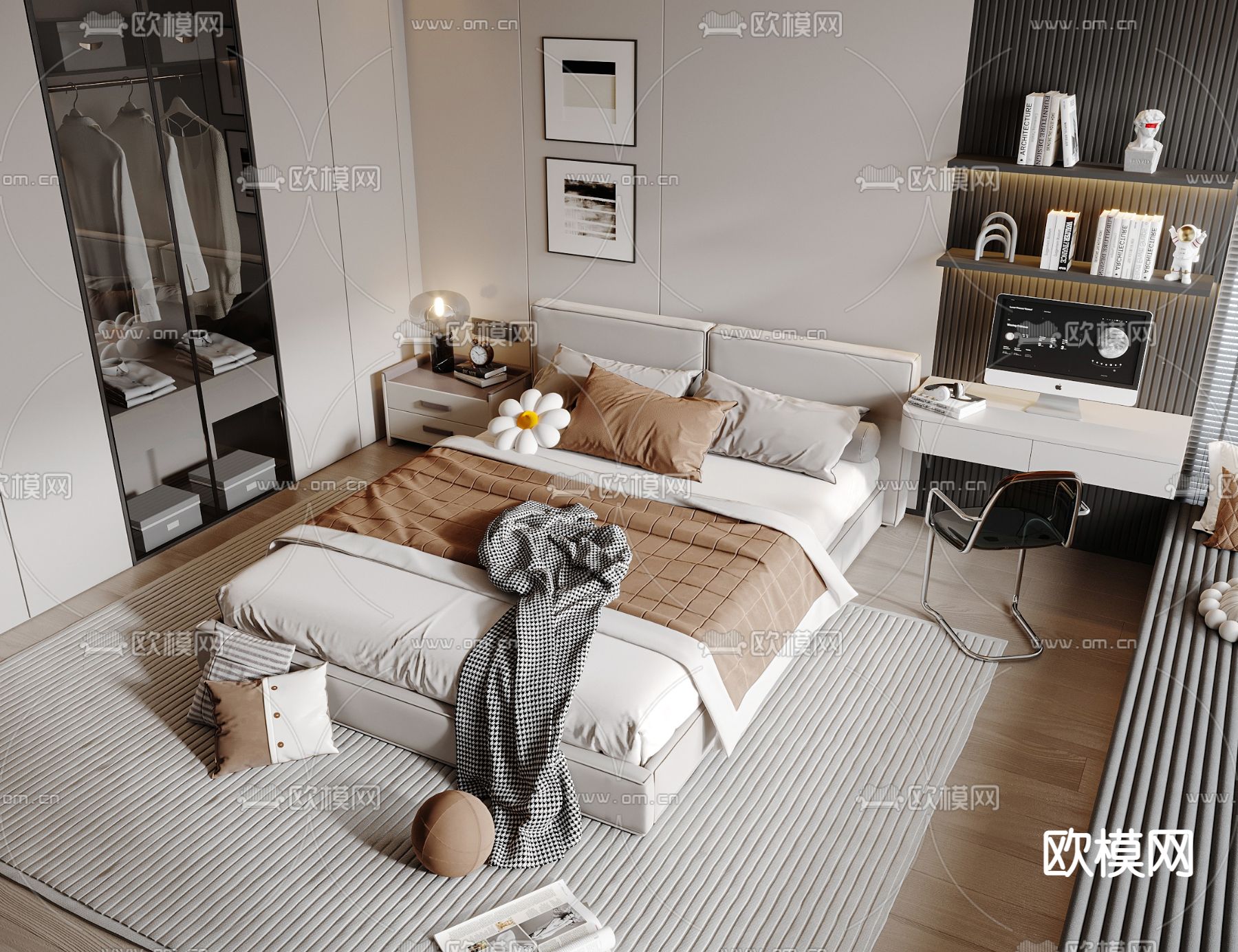 现代双人床su模型下载（渲染图1）