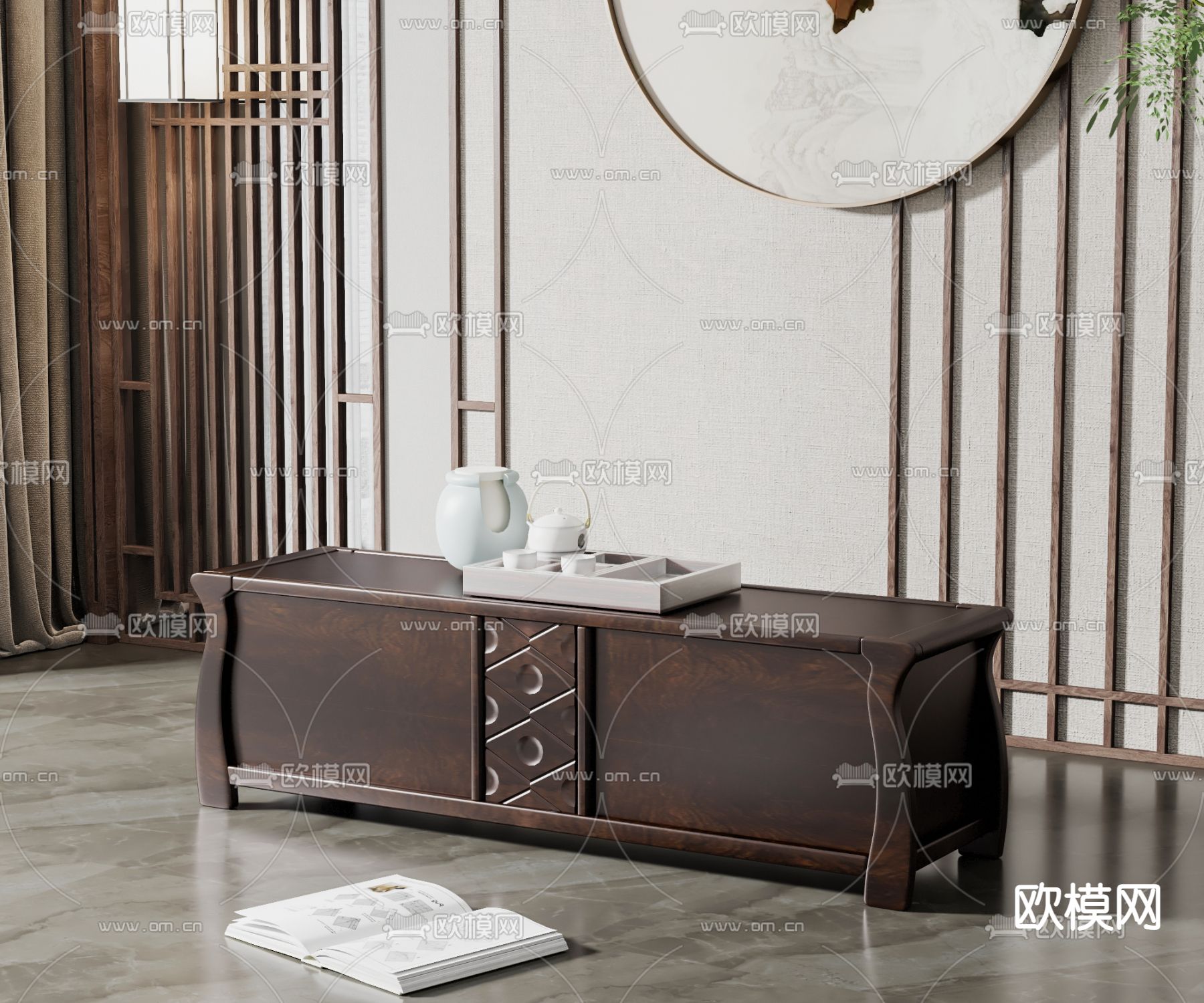 新中式电视柜su模型下载（渲染图1）