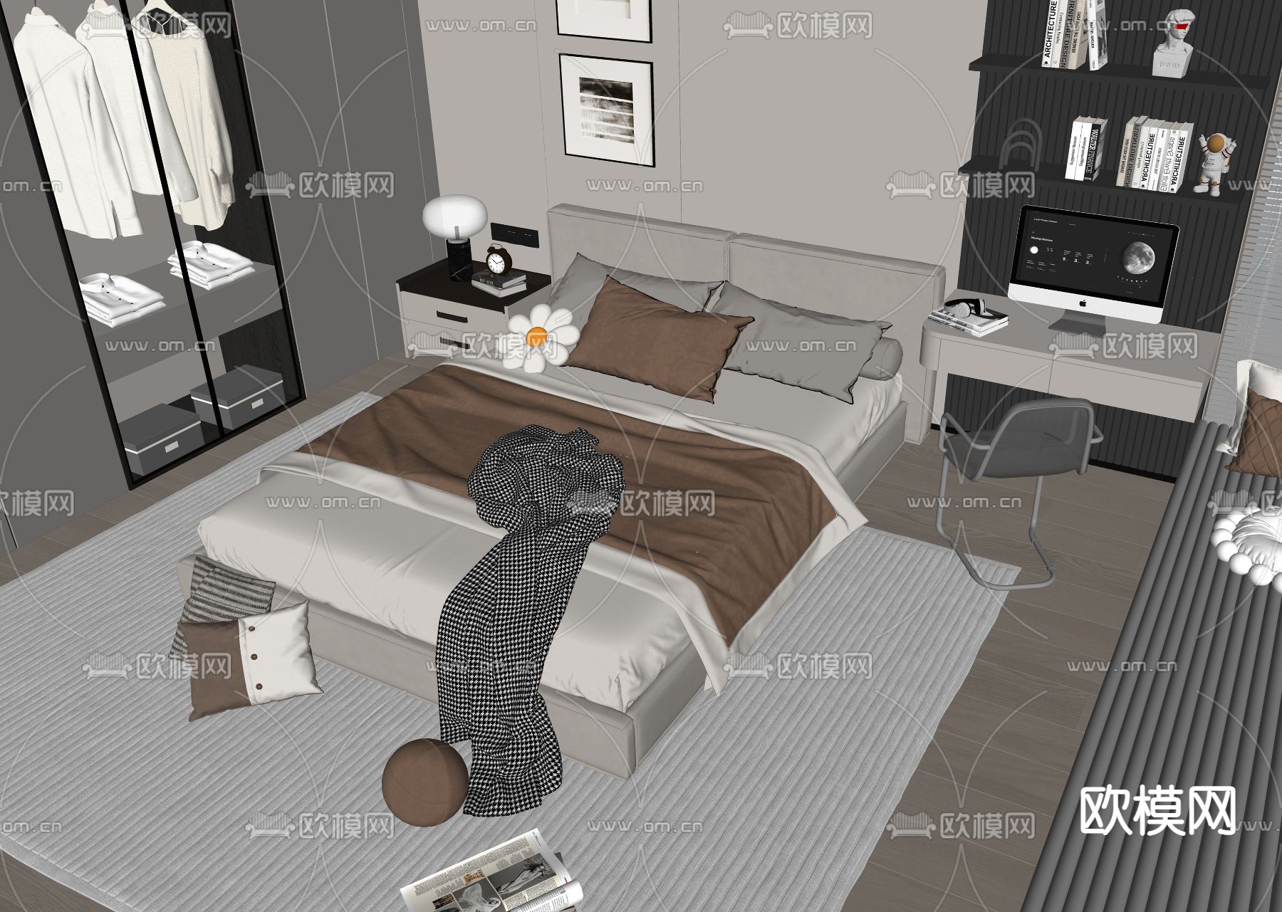 现代双人床su模型下载（渲染图2）