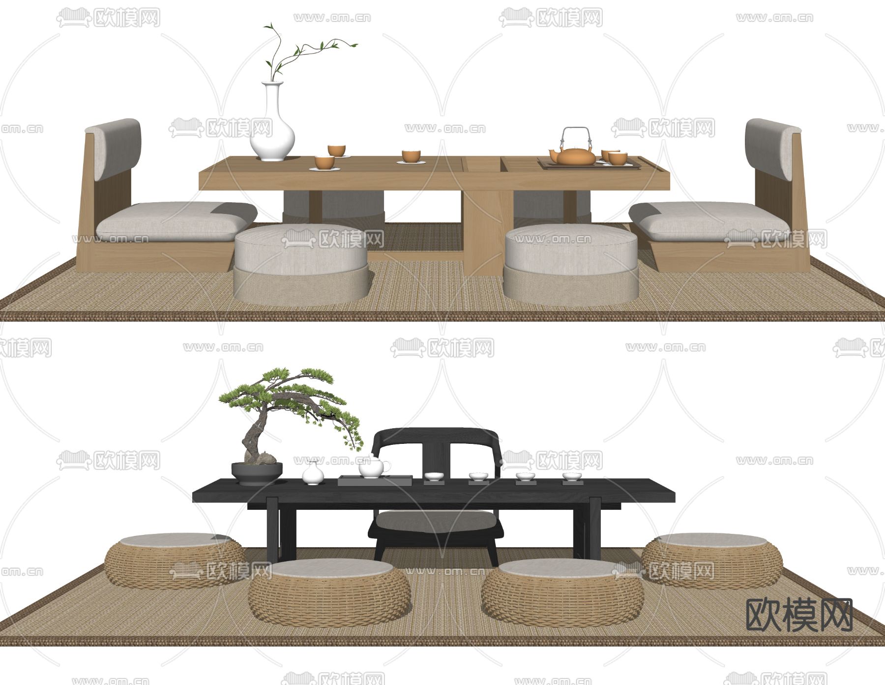 日式榻榻米茶桌椅su模型下载（渲染图2）