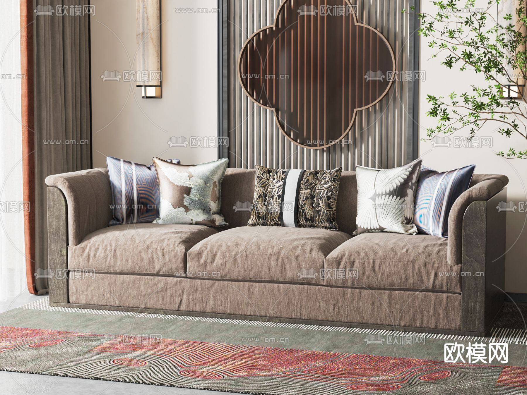 新中式多人沙发su模型下载（渲染图1）