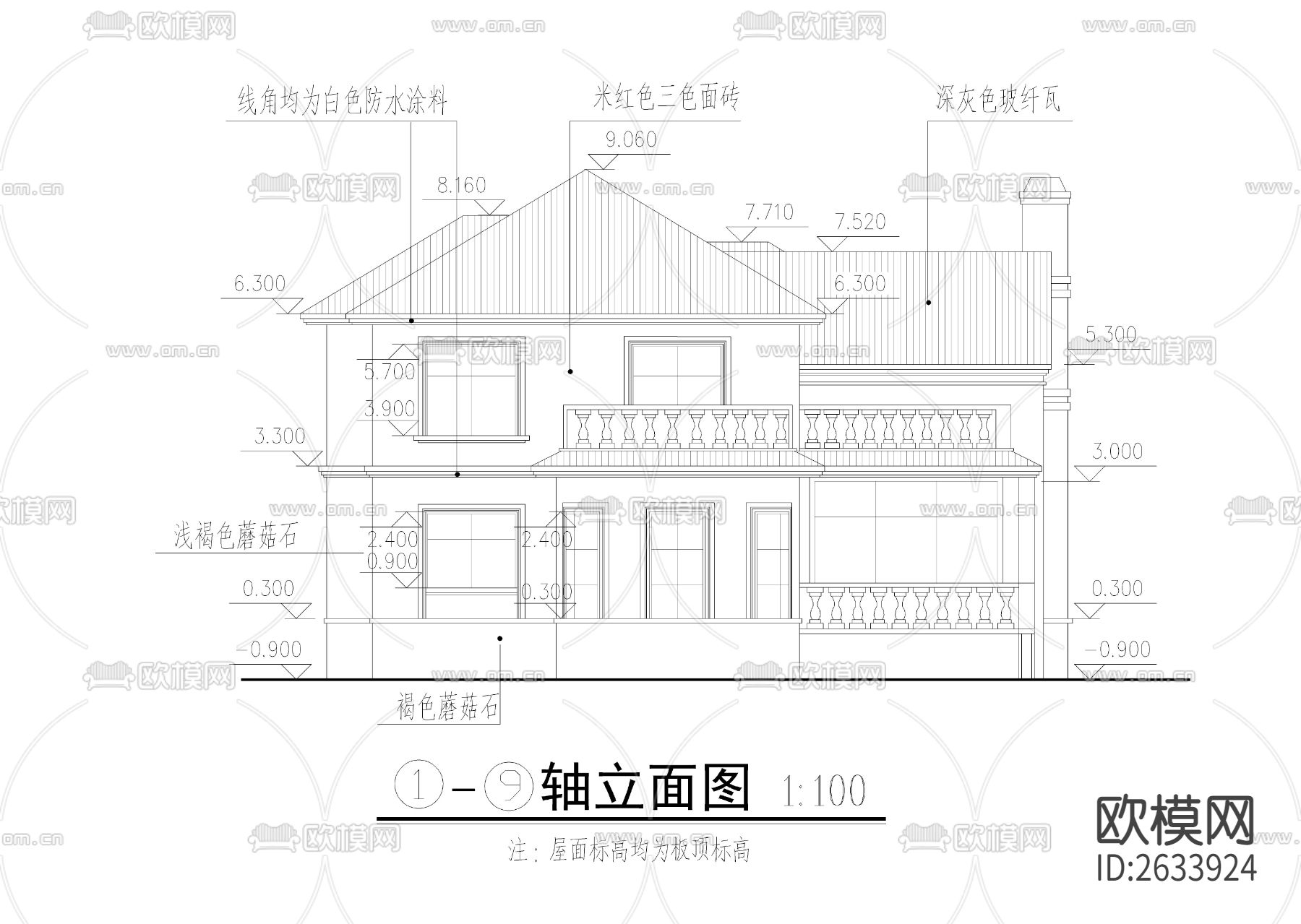 三百平二层法式别墅建筑cad施工图下载（渲染图4）