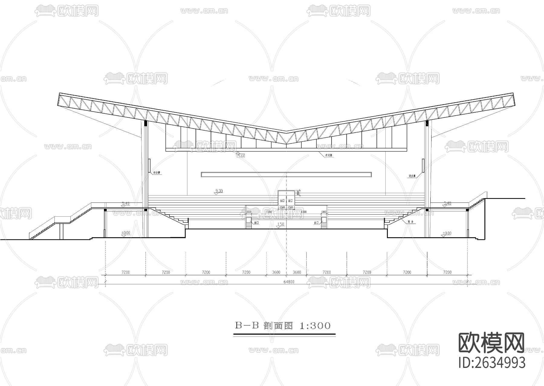 某公园内体育馆建筑cad施工图下载（渲染图4）