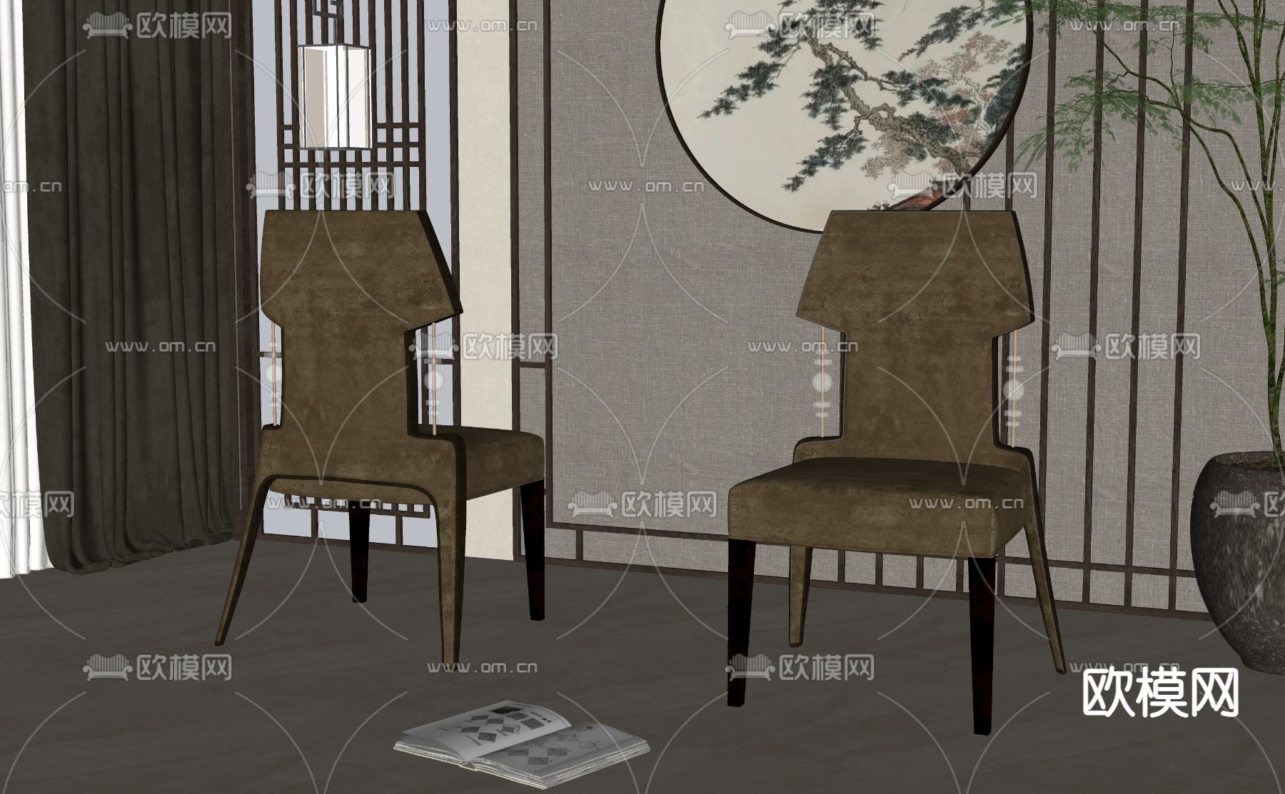 新中式餐椅su模型下载（渲染图2）