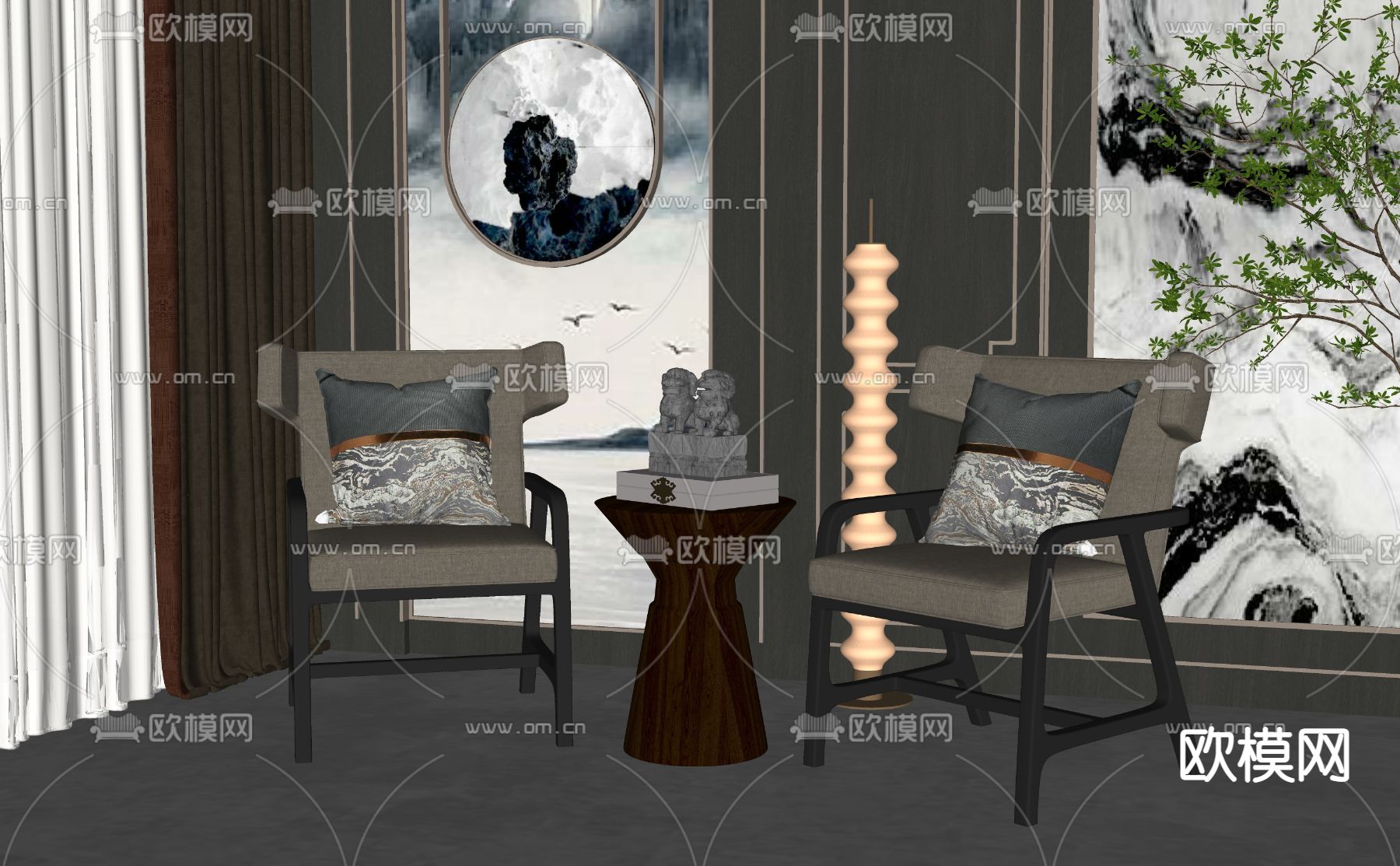 新中式休闲椅su模型下载（渲染图2）