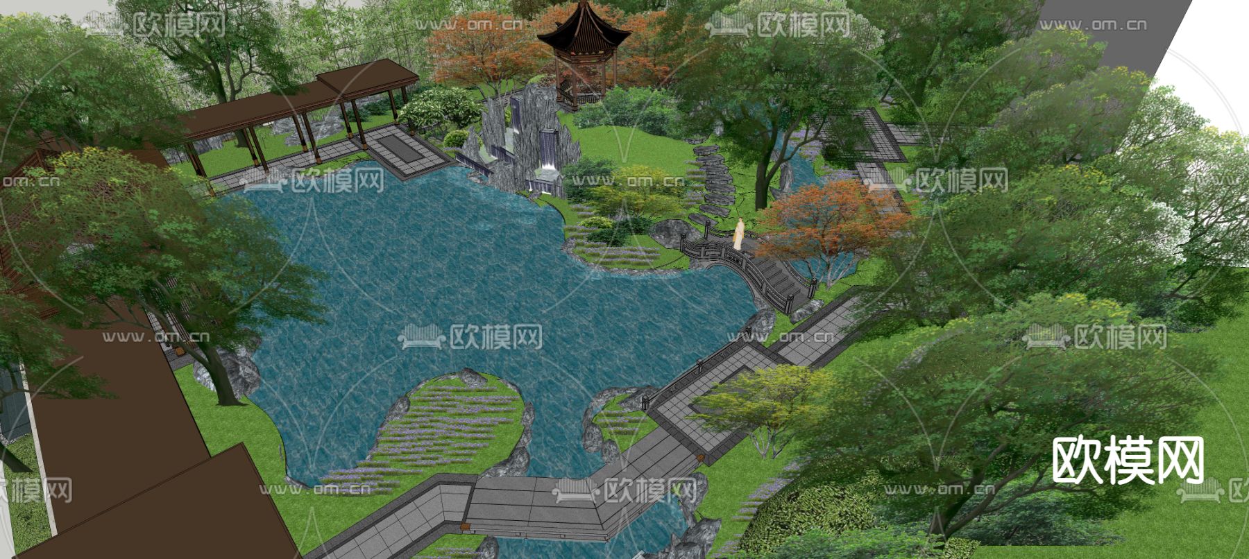 中式公园景观su模型下载（渲染图2）