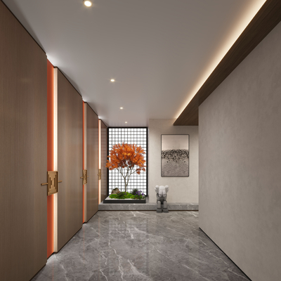  新中式酒店过道su模型 