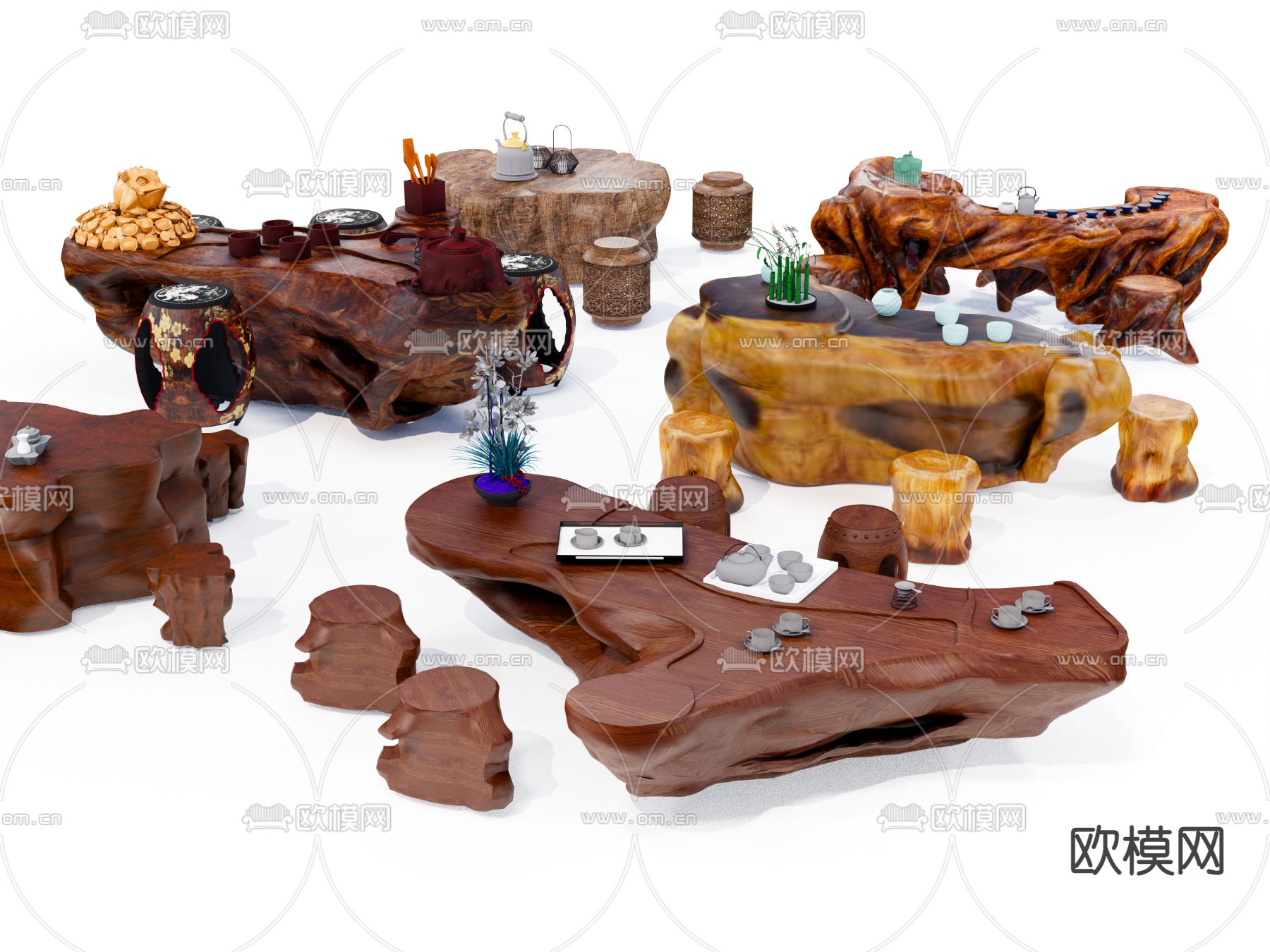 中式实木茶桌椅su模型下载（渲染图1）