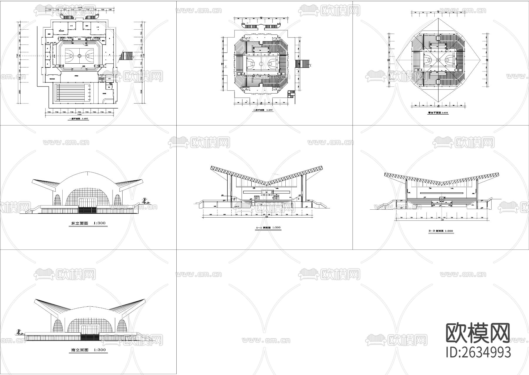 某公园内体育馆建筑cad施工图下载（渲染图1）