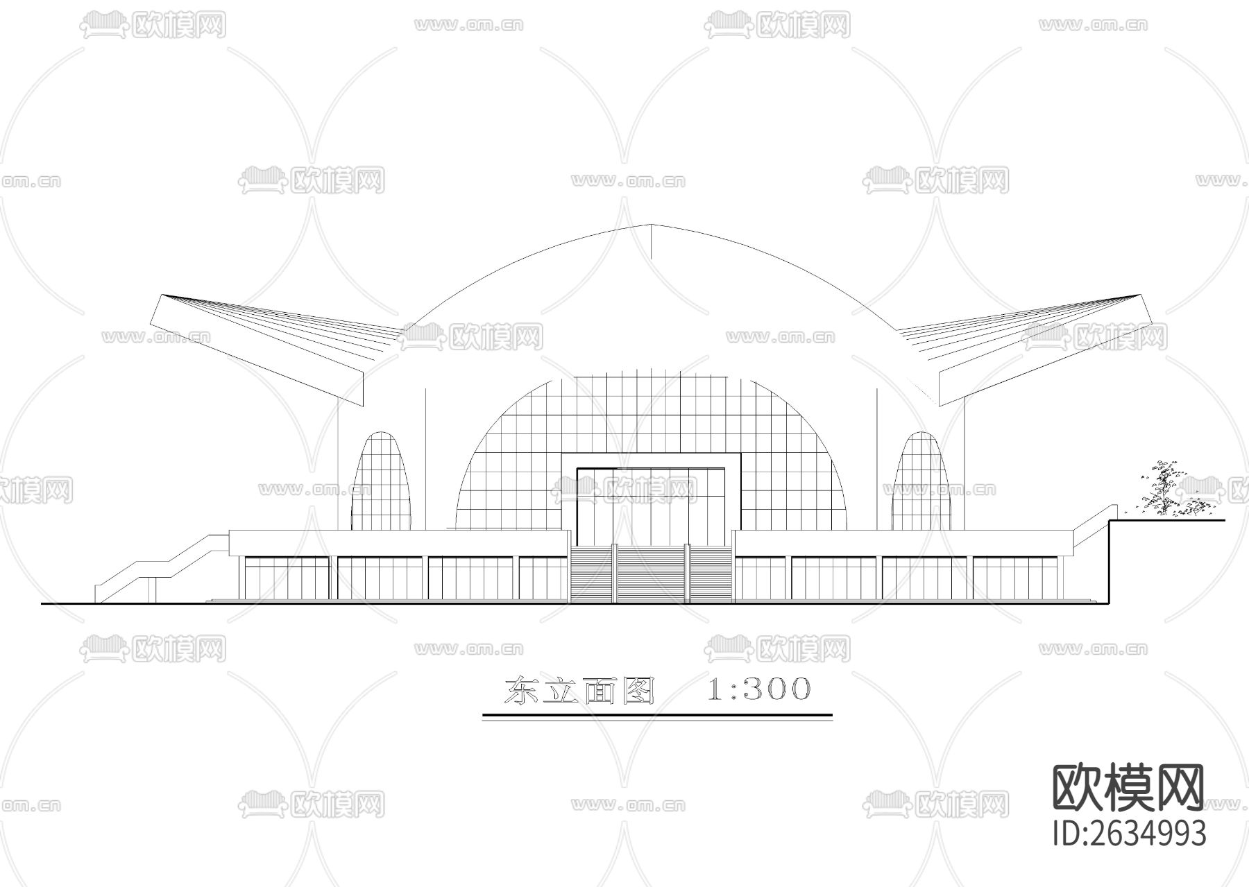 某公园内体育馆建筑cad施工图下载（渲染图7）