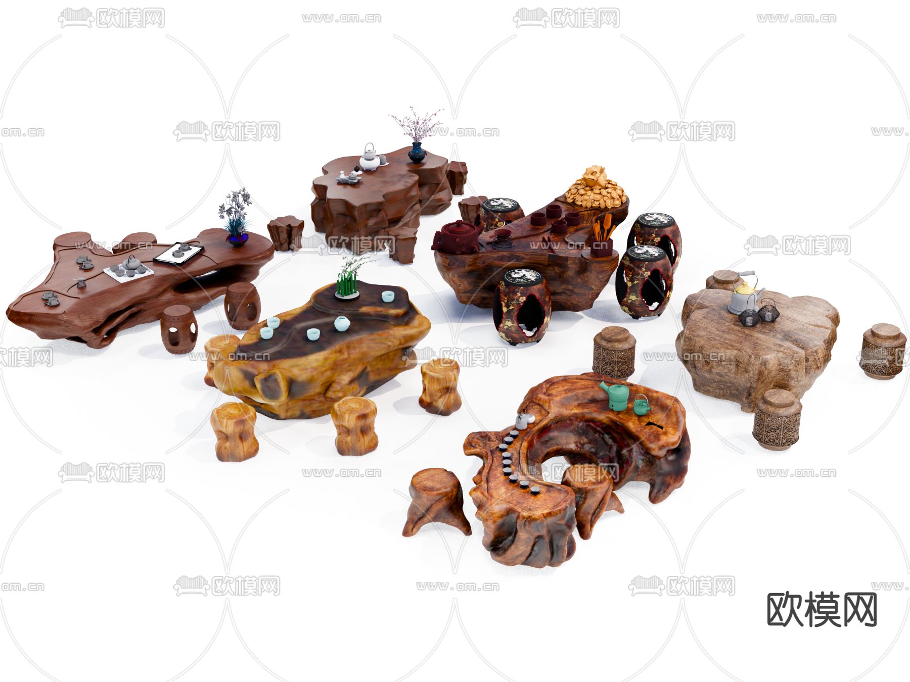 中式实木茶桌椅su模型下载（渲染图2）