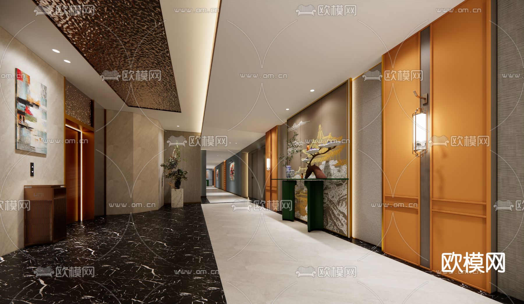 新中式酒店电梯间 过道su模型下载（渲染图1）