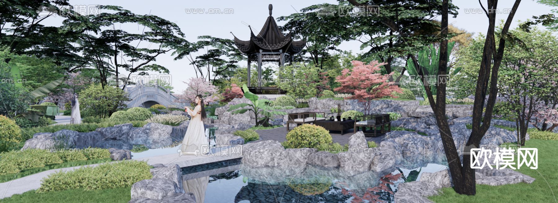 中式公园景观su模型下载（渲染图2）