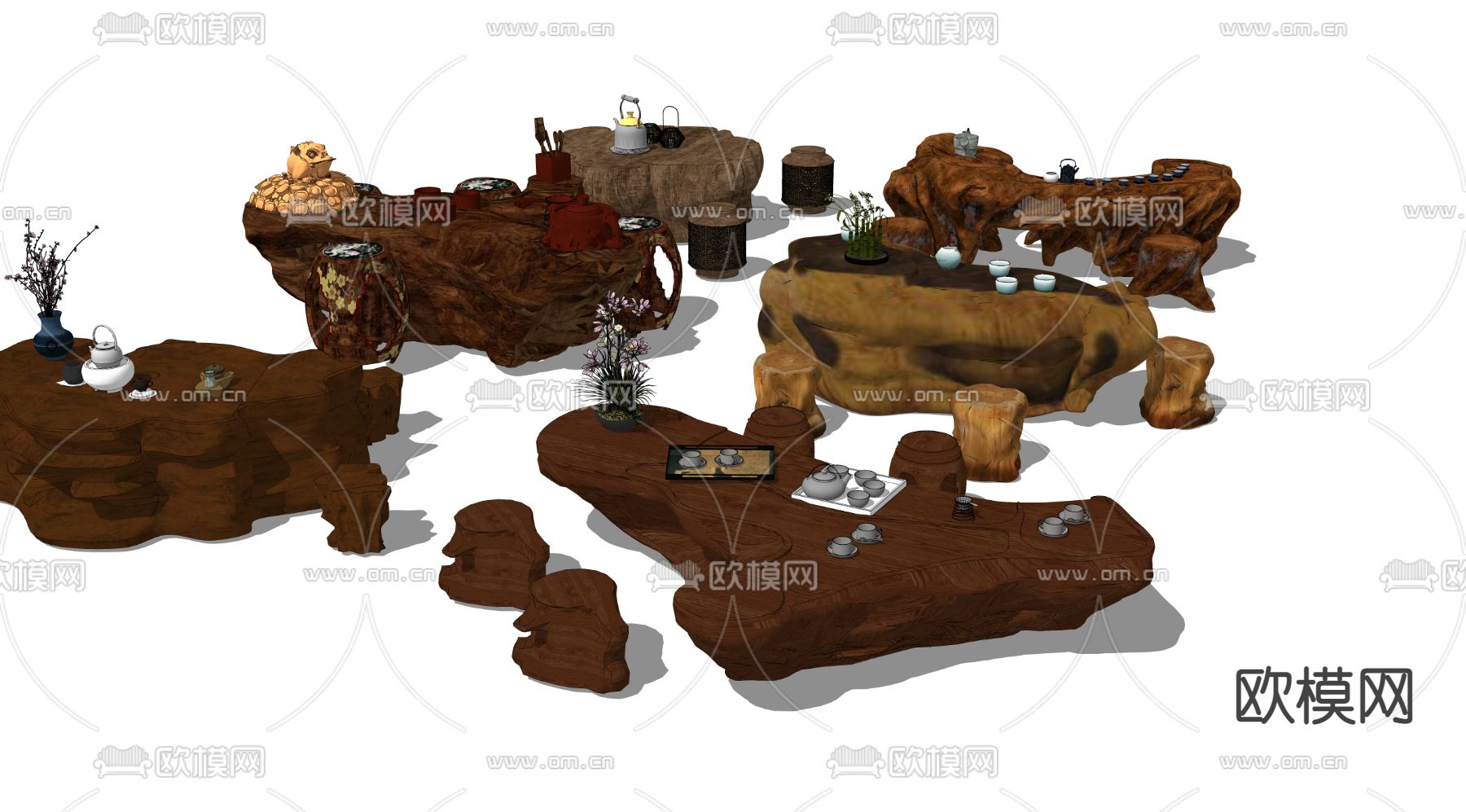 中式实木茶桌椅su模型下载（渲染图4）