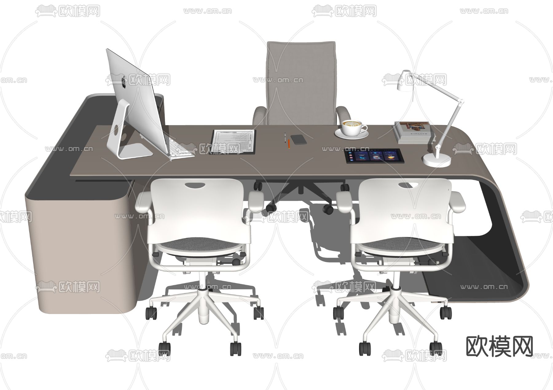 现代班台桌椅su模型下载（渲染图2）