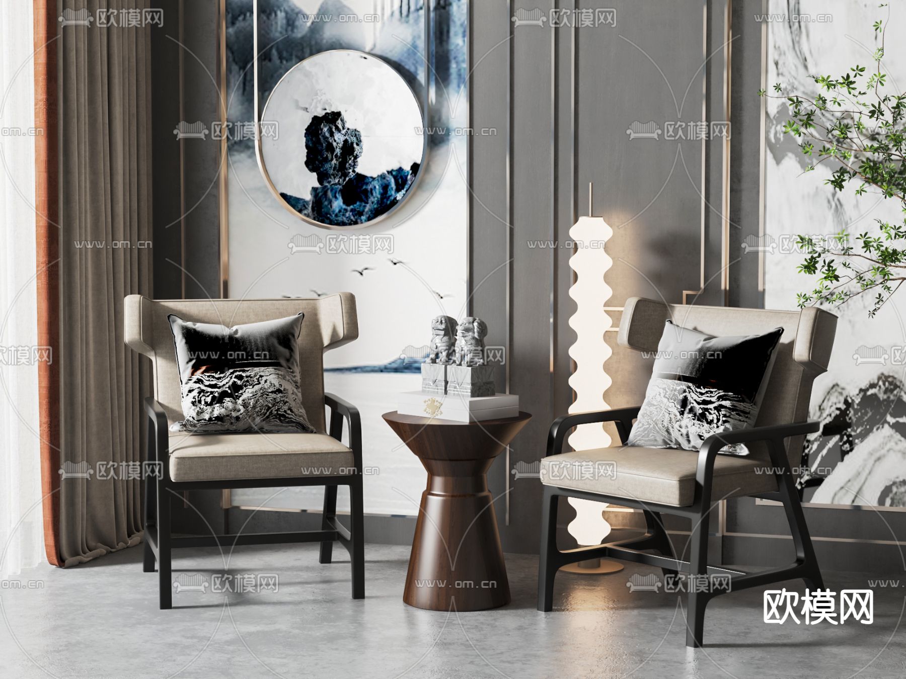 新中式休闲椅su模型下载（渲染图1）