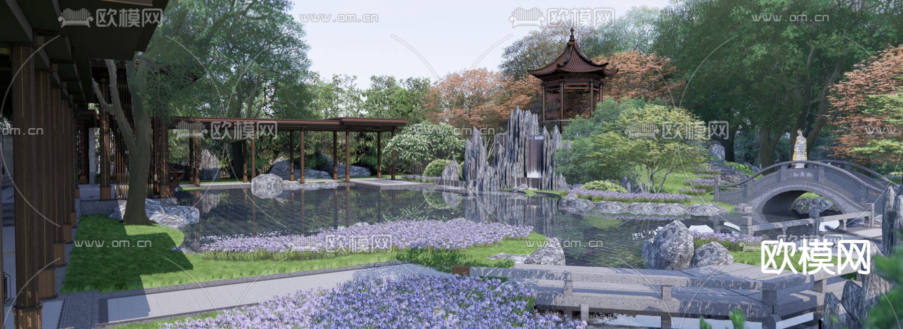 中式公园景观su模型下载（渲染图1）