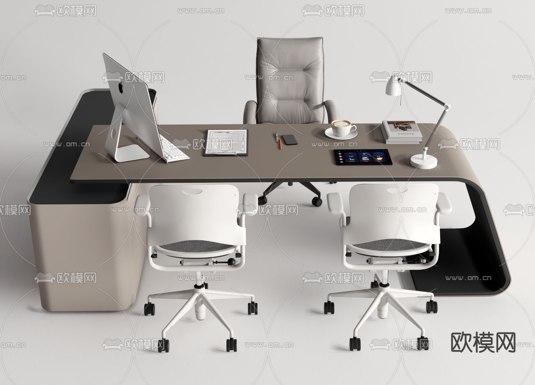 现代班台桌椅su模型下载（渲染图1）