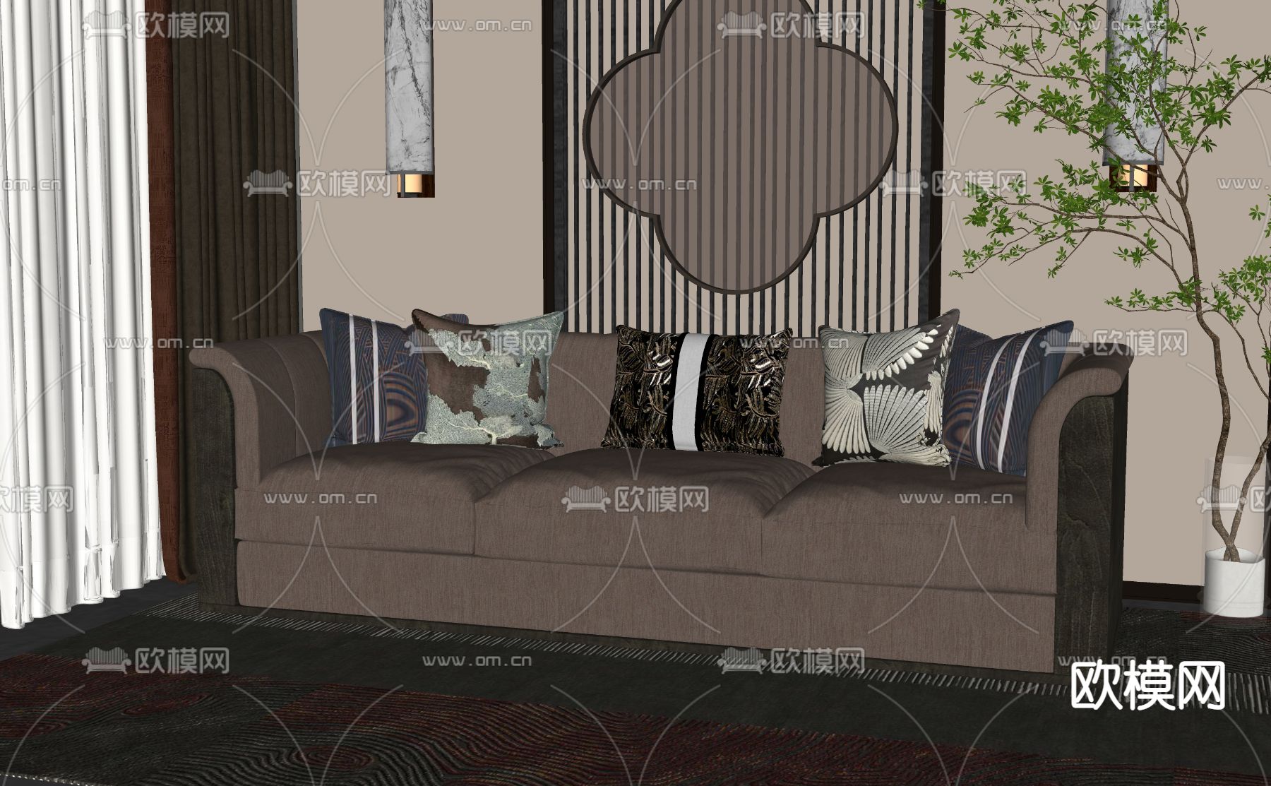 新中式多人沙发su模型下载（渲染图2）