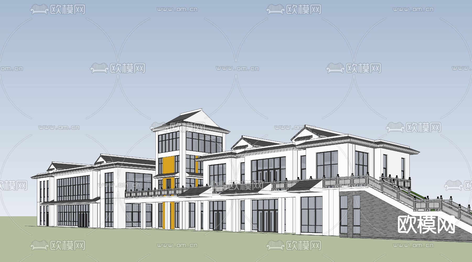 新中式建筑外观su模型下载（渲染图2）