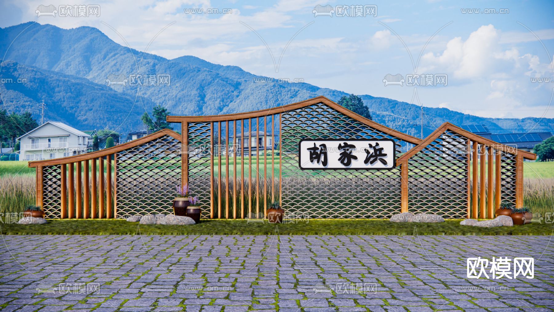 新中式乡村景墙 雕塑小品su模型下载_ID14083900_sketchup模型下载-欧模网