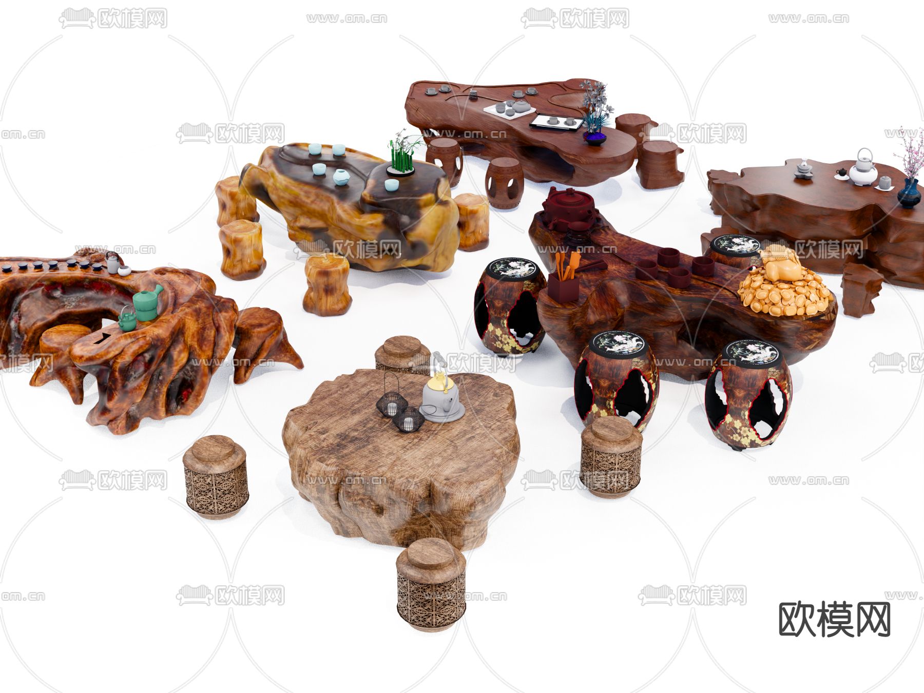 中式实木茶桌椅su模型下载（渲染图3）