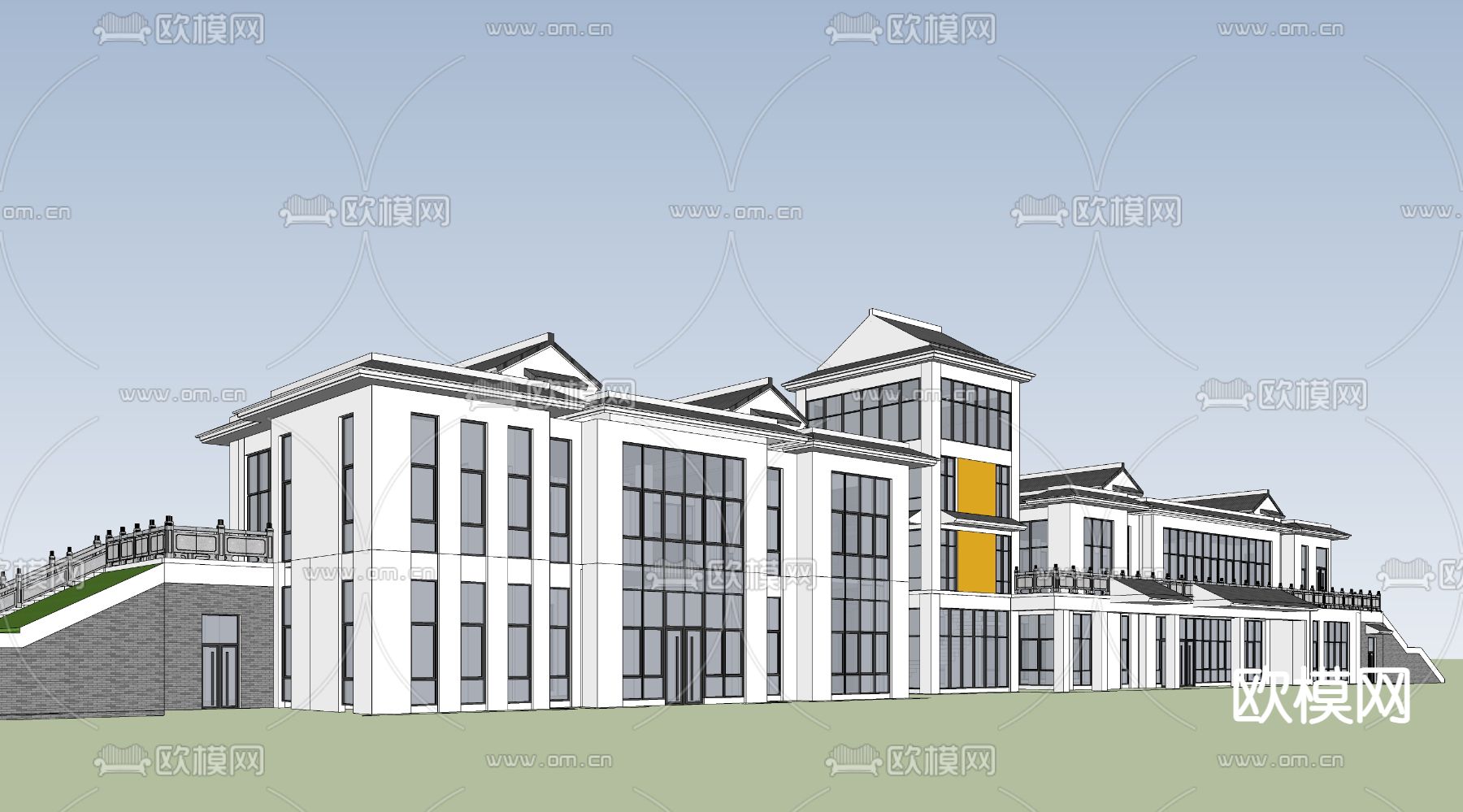 新中式建筑外观su模型下载（渲染图1）