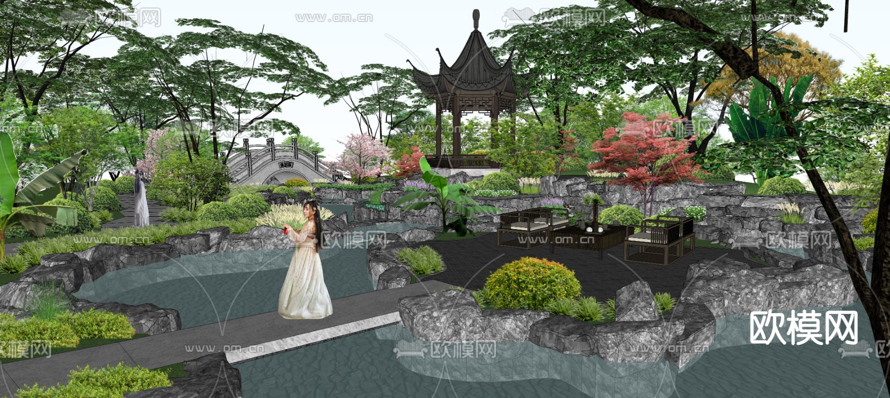 中式公园景观su模型下载（渲染图3）