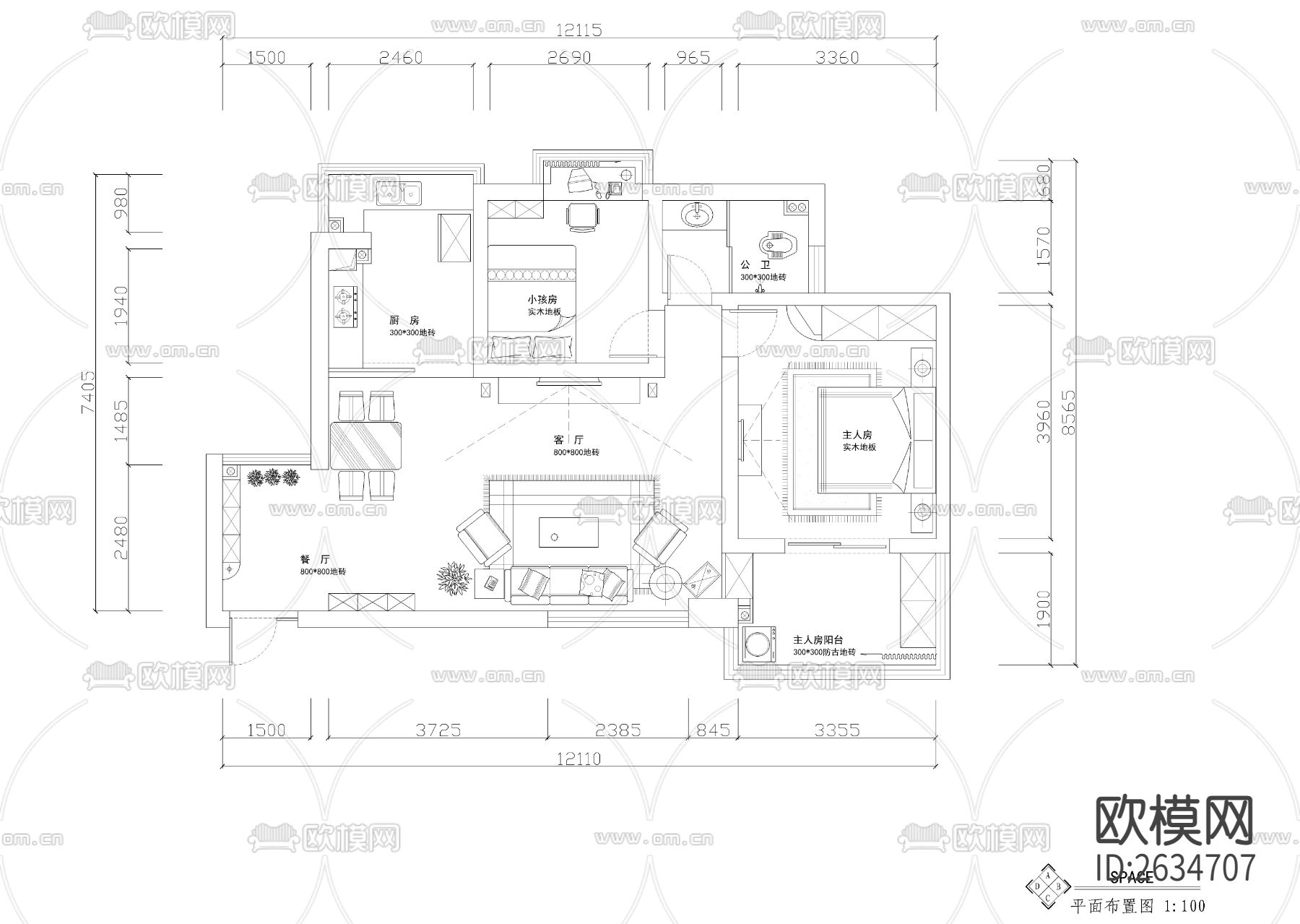 黑白风两居室CAD施工图下载（渲染图2）
