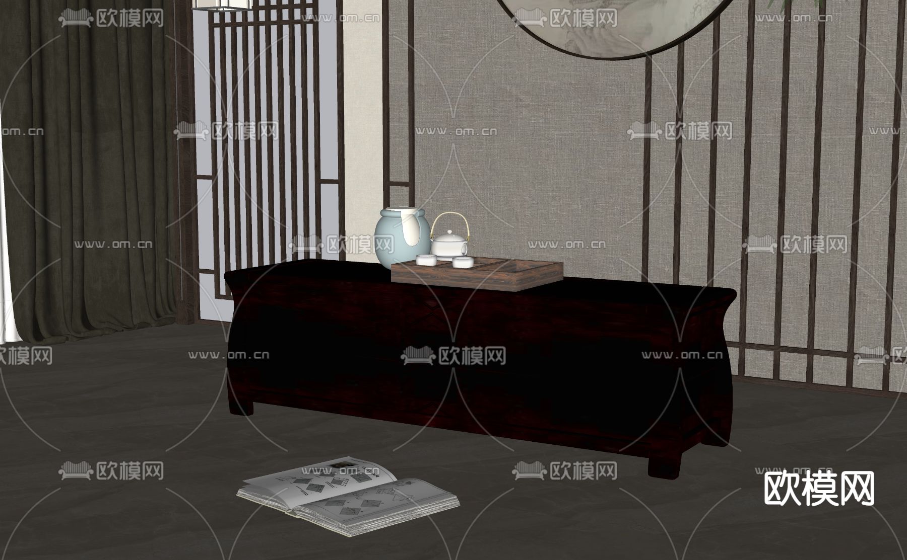 新中式电视柜su模型下载（渲染图2）