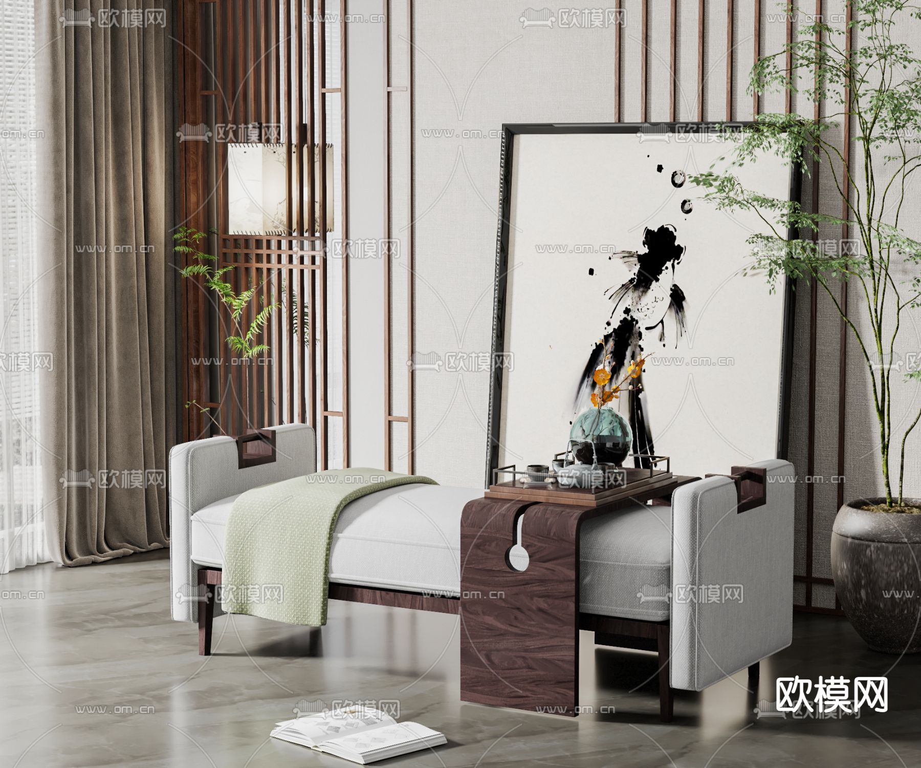 新中式沙发凳su模型下载（渲染图1）