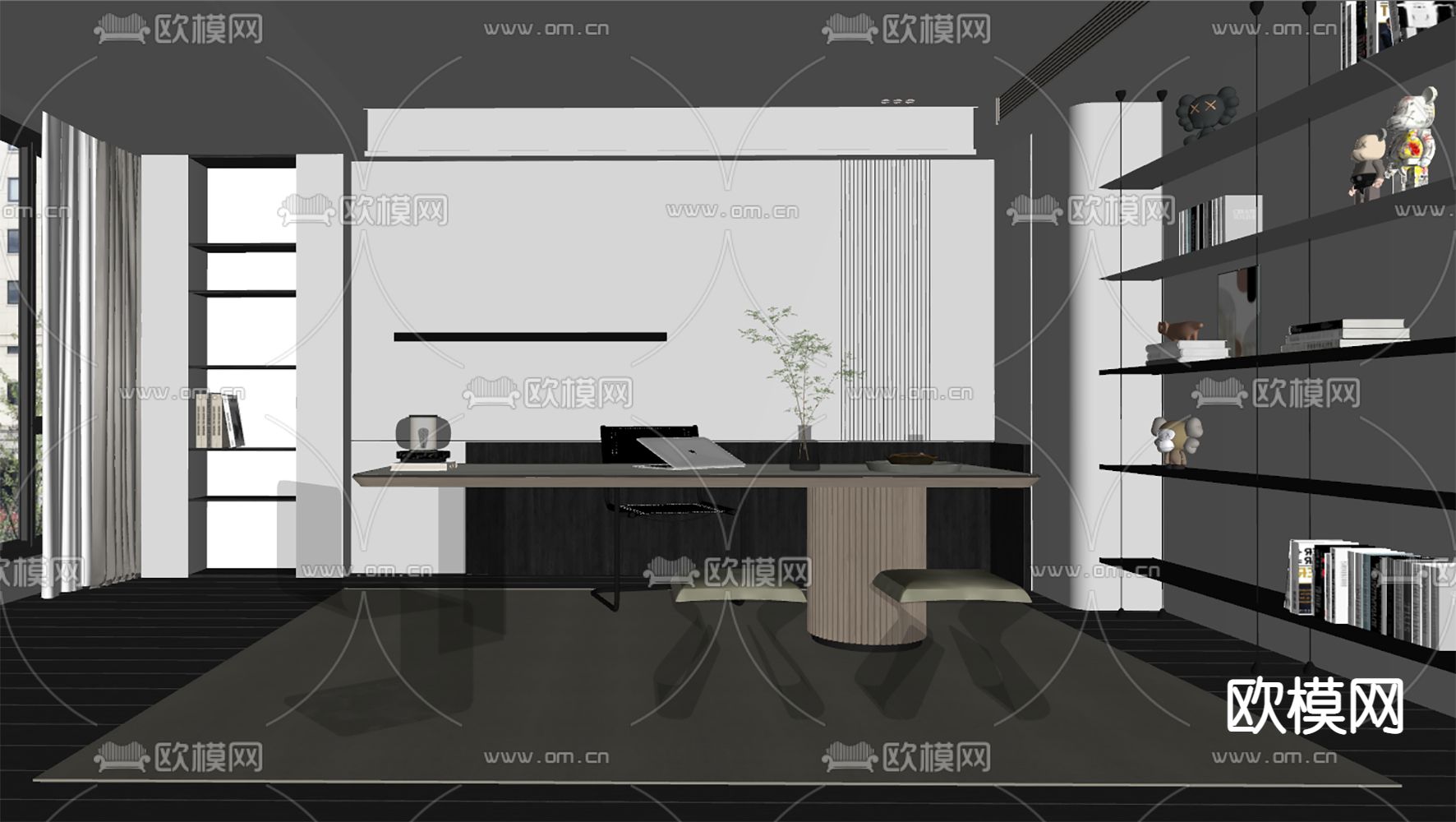 现代书房su模型下载（渲染图2）