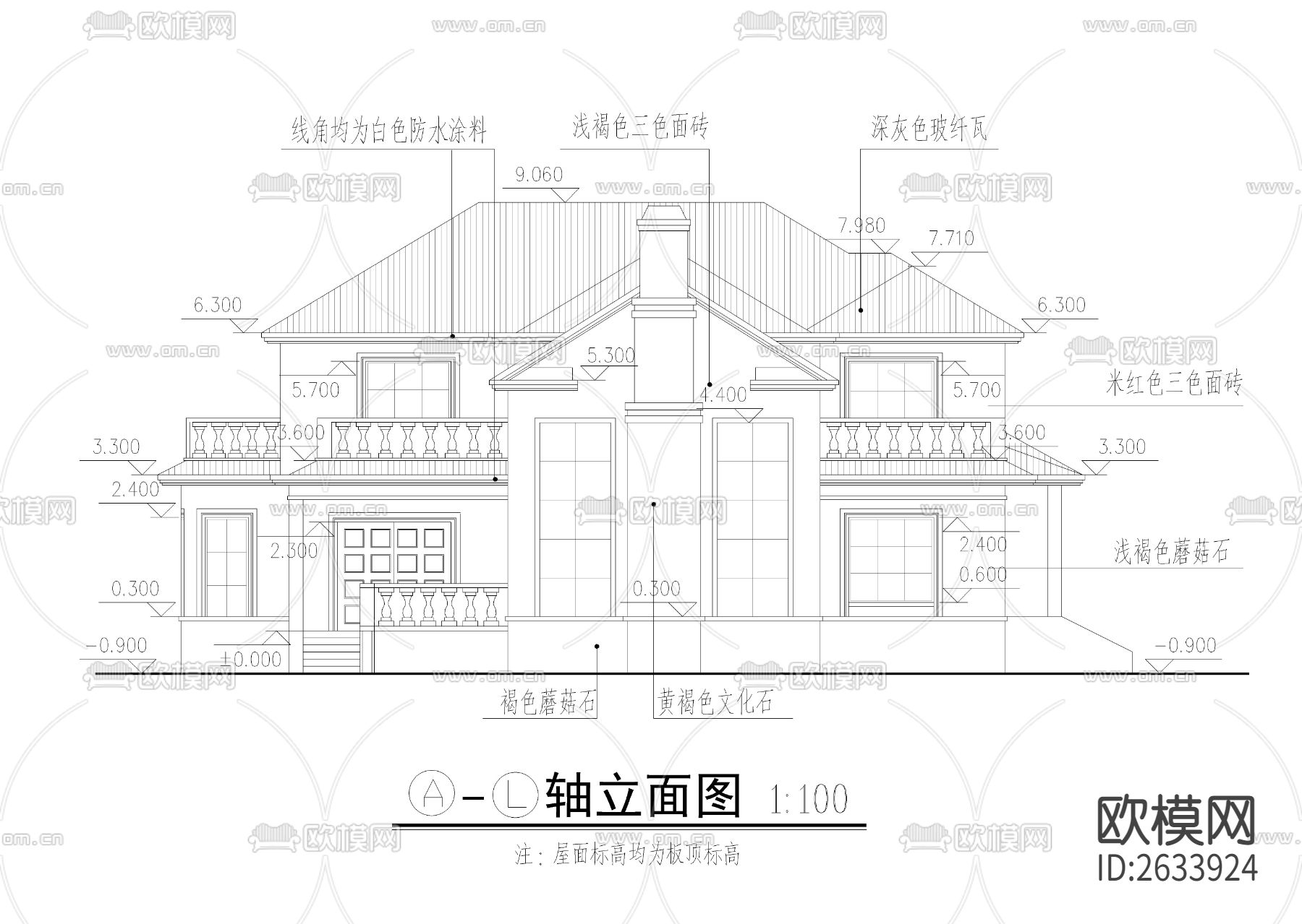 三百平二层法式别墅建筑cad施工图下载（渲染图3）